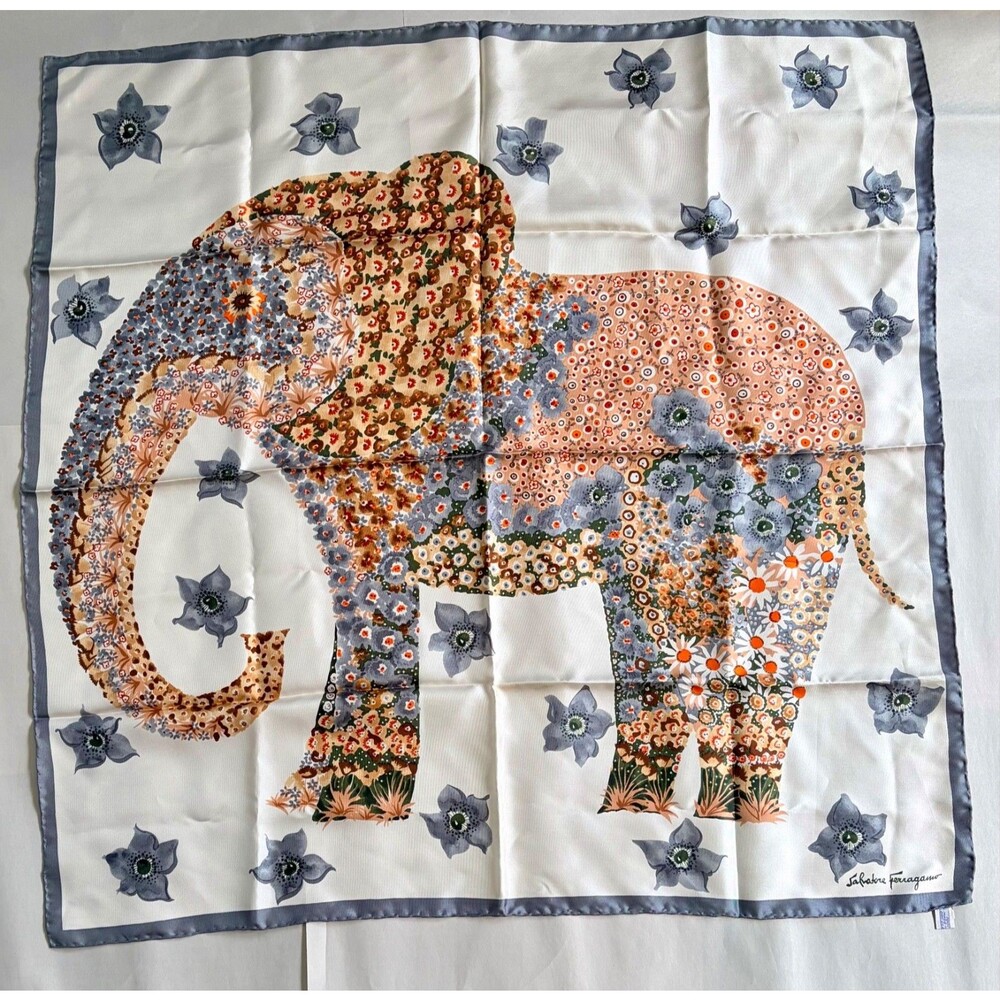 Salvatore  Ferragamo Floral Elephant Print Silk Scarf  35” Pink Blue Whimsical
